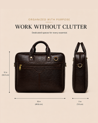The Barrister — Espresso Croc-Embossed Leather Briefcase