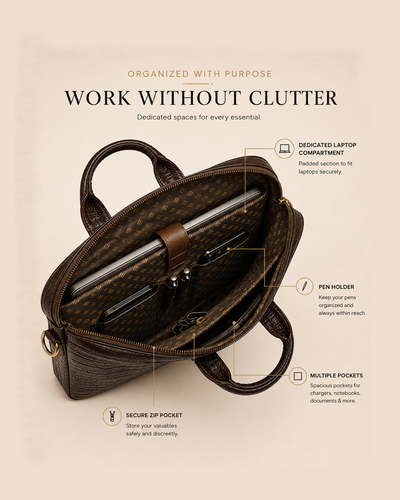 The Barrister — Espresso Croc-Embossed Leather Briefcase