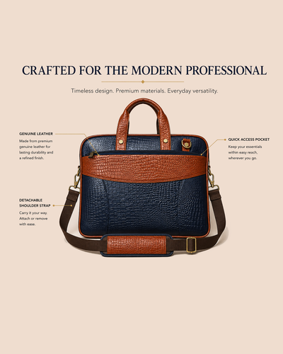 The Commodore — Navy Croc-Embossed Leather Briefcase